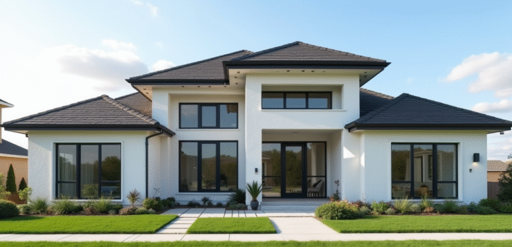 Maison moderne avec fenêtres grandes et jardin vert