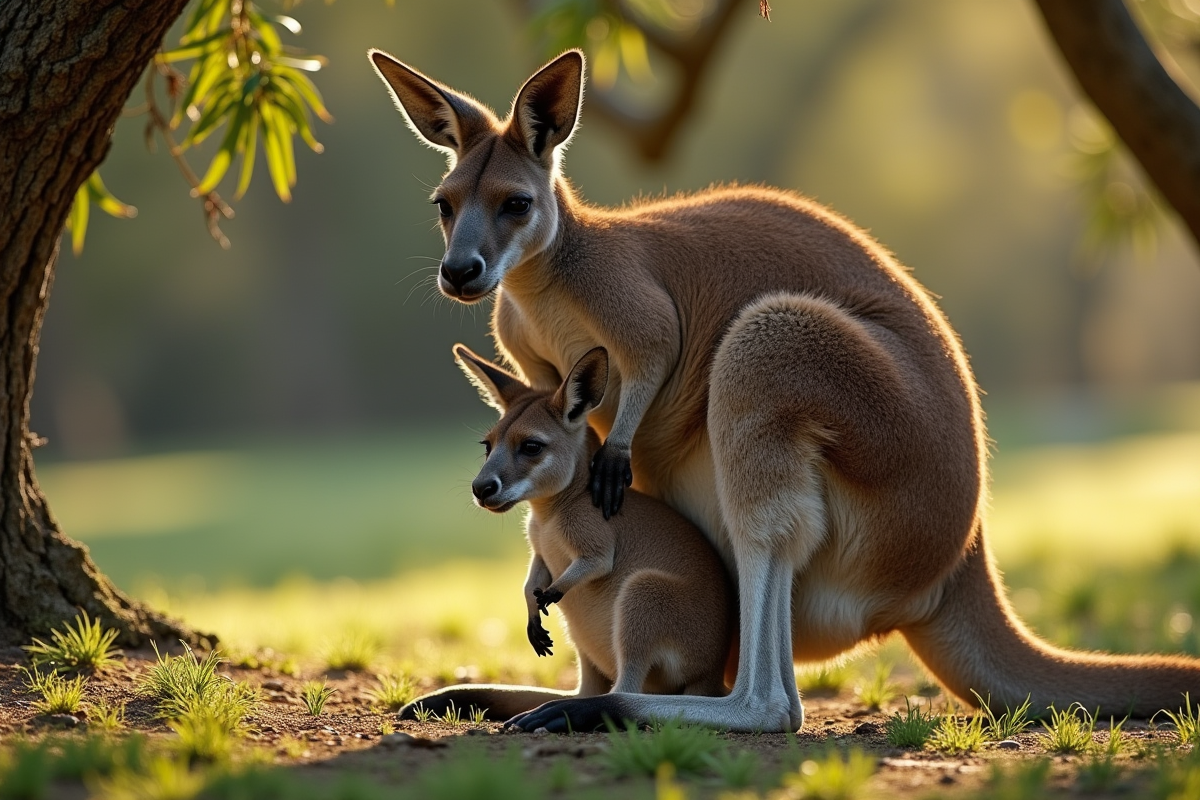 Maman kangourou avec son joey dans la poche sous un eucalyptus