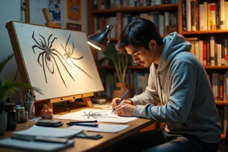 Mangaka dessinant le symbole de l'araignée inspiré de Hunter x Hunter dans un studio japonais encombré de croquis et volumes manga