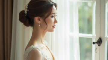 Mariée près d'une grande fenêtre avec robe blanche élégante