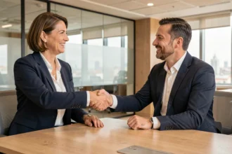 Deux collègues dans un bureau moderne à Barcelone échangent une poignée de main professionnelle chaleureuse pour exprimer leur gratitude en contexte professionnel espagnol