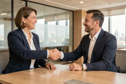 Deux collègues dans un bureau moderne à Barcelone échangent une poignée de main professionnelle chaleureuse pour exprimer leur gratitude en contexte professionnel espagnol
