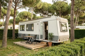 Mobil-home moderne blanc et gris avec terrasse en bois dans un camping résidentiel entouré de pins en France