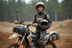 Jeune motocrossiste avec casque et moto 125cc