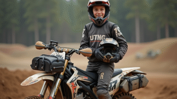 Jeune motocrossiste avec casque et moto 125cc