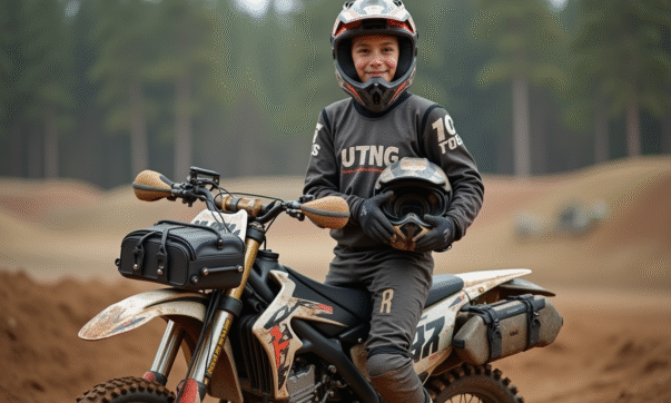Jeune motocrossiste avec casque et moto 125cc