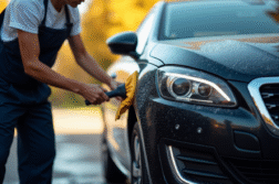 Personne nettoyant l exterior d une Peugeot 308 GT en plein jour