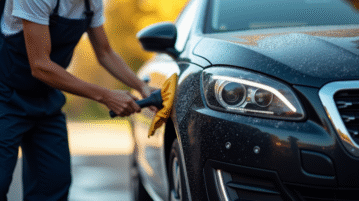 Personne nettoyant l exterior d une Peugeot 308 GT en plein jour