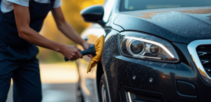 Personne nettoyant l exterior d une Peugeot 308 GT en plein jour