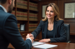 Notaire en costume serrant la main d'un homme d'affaires dans un bureau moderne