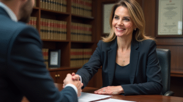 Notaire en costume serrant la main d'un homme d'affaires dans un bureau moderne