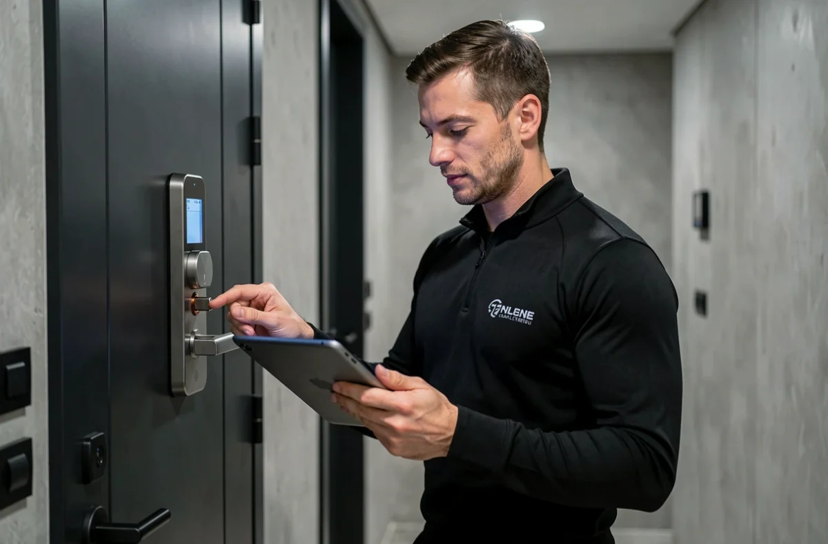 Technicien Optimlock programmant une serrure électronique intelligente sur une porte haute sécurité moderne