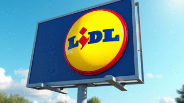 Grand panneau Lidl en extérieur sous un ciel bleu ensoleille