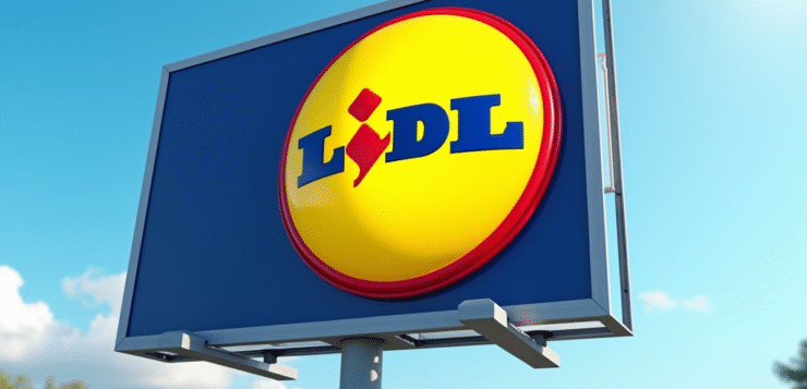 Grand panneau Lidl en extérieur sous un ciel bleu ensoleille