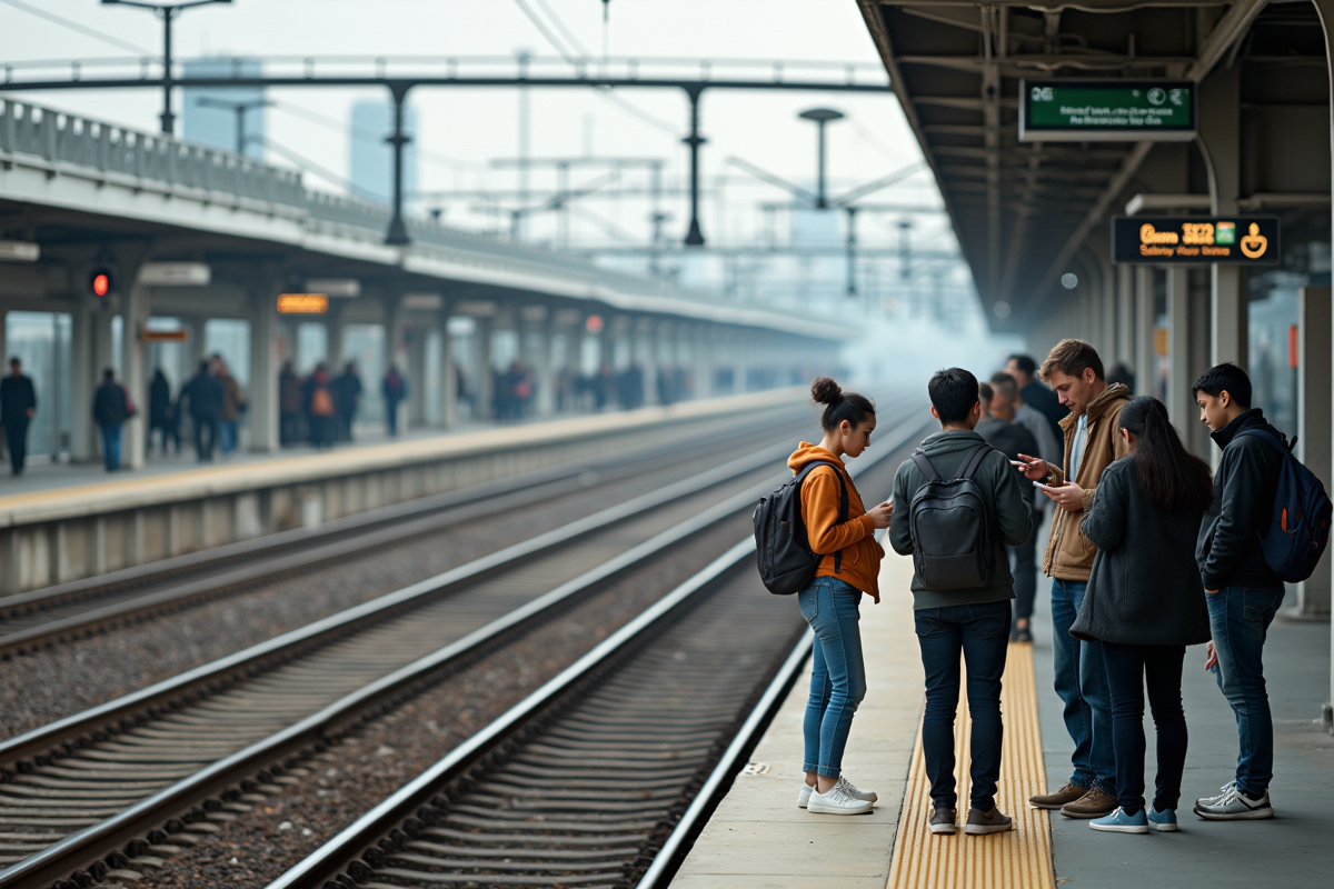Groupe de voyageurs divers attendant à une gare en plein air