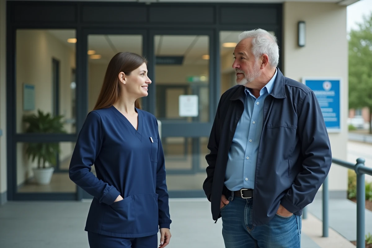 Homme parlant avec une professionnelle de santé devant un hôpital
