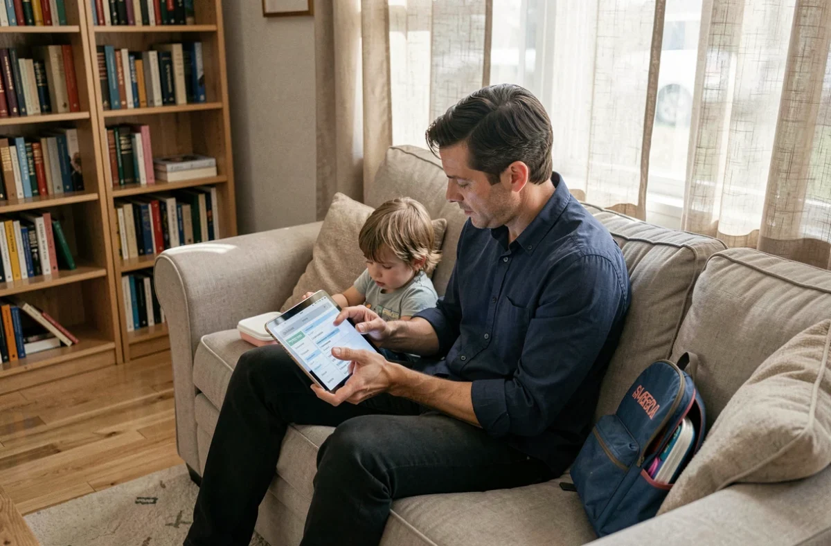 Père consultant un planning de garde partagée sur tablette numérique avec sac d'école à côté