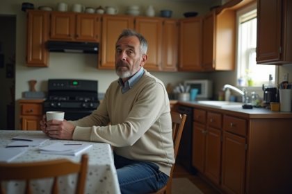 Pere seul à la cuisine avec tasse de café