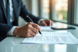 Professionnel en affaires lisant un document juridique