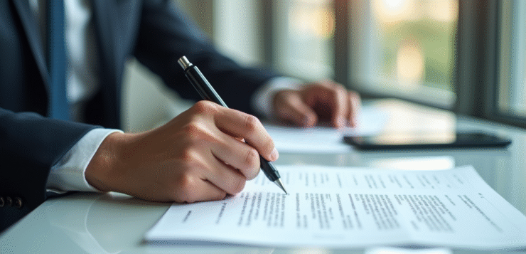 Professionnel en affaires lisant un document juridique