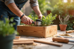 Personne assemblant une boîte à fleurs en bois sur un patio ensoleillé