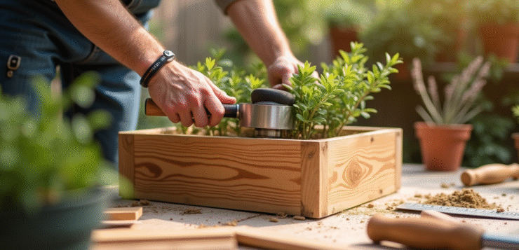 Personne assemblant une boîte à fleurs en bois sur un patio ensoleillé