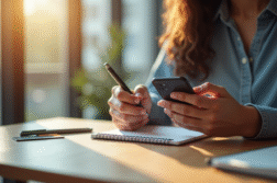 Personne utilisant une application bancaire sur smartphone dans un appartement lumineux