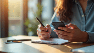 Personne utilisant une application bancaire sur smartphone dans un appartement lumineux