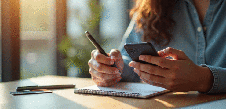 Personne utilisant une application bancaire sur smartphone dans un appartement lumineux
