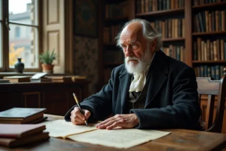 Portrait d'un vieux philosophe contemplant ses manuscrits dans un bureau du XIXe siècle, évoquant la pensée de Schopenhauer sur le désenchantement