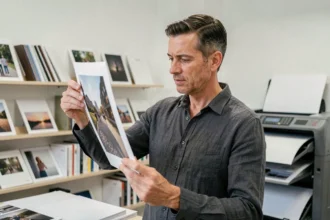 Photographe professionnel examinant un tirage photo A4 dans un studio d'impression moderne