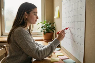 Mère organisant un planning de garde d'enfants sur un calendrier papier avec semaines paires et impaires marquées