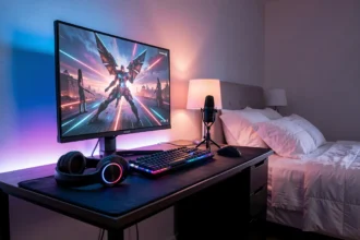 Poste de streaming avec écran, casque et micro dans une pièce tamisée