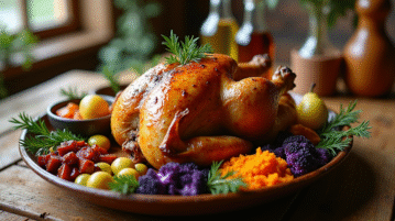 Poulet rôti sur table en bois avec légumes colorés