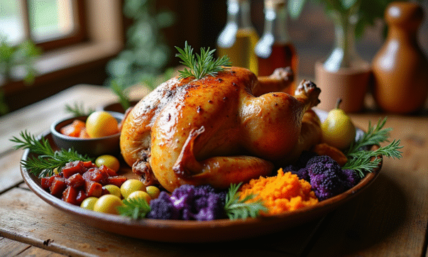 Poulet rôti sur table en bois avec légumes colorés