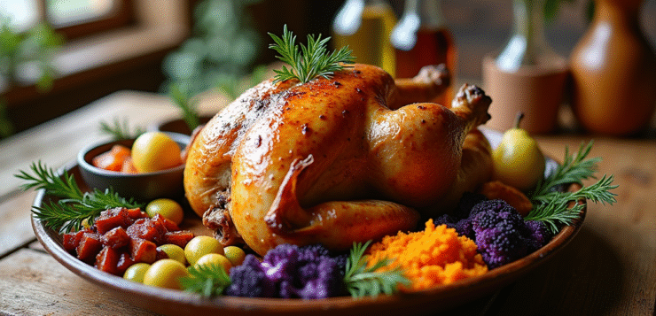 Poulet rôti sur table en bois avec légumes colorés