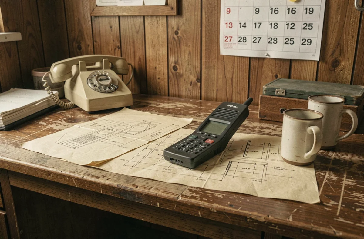 Réplique du premier téléphone portable Motorola DynaTAC posé sur un bureau vintage des années 1970 avec des plans d'ingénierie, illustrant l'histoire de l'invention du téléphone mobile