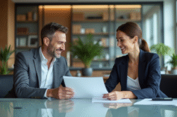 Collaboration entre deux marques : fonctionnement et avantages pour le SEO Deux professionnels en réunion dans un bureau moderne