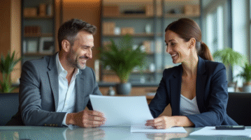 Deux professionnels en réunion dans un bureau moderne
