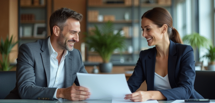 Deux professionnels en réunion dans un bureau moderne