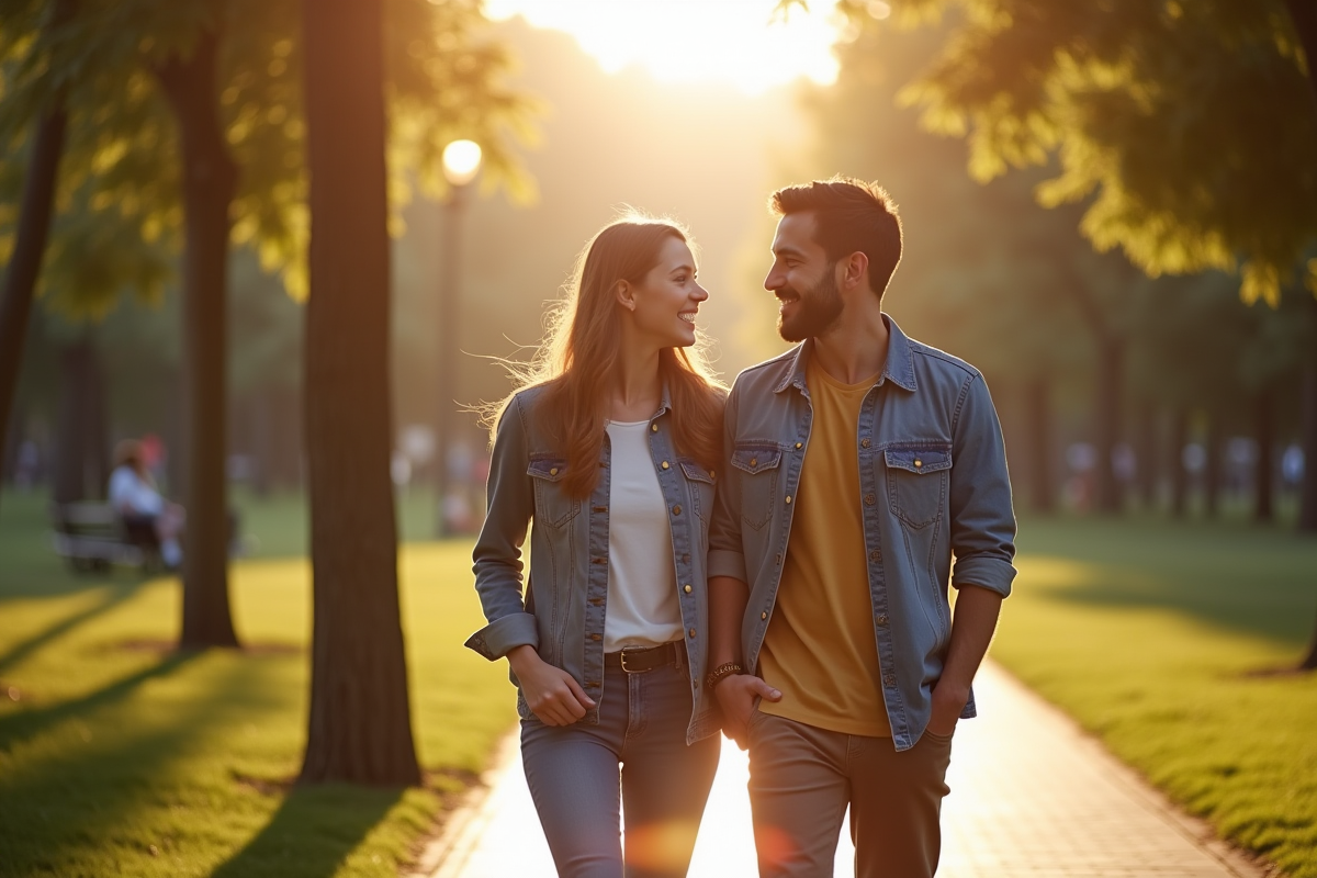 Couple marchant dans un parc ensoleille avec sourires