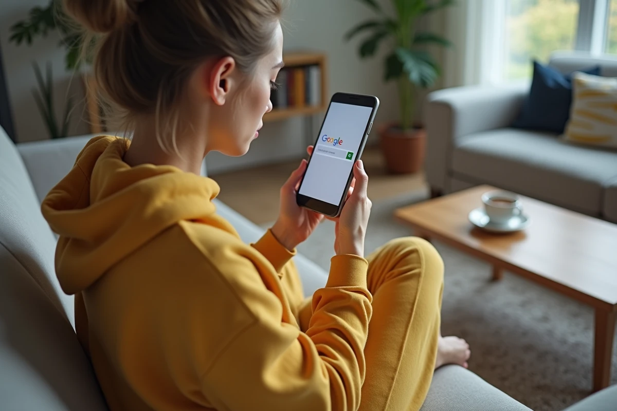 Une jeune femme vérifie la disponibilité de son pseudo sur Google depuis son smartphone à la maison
