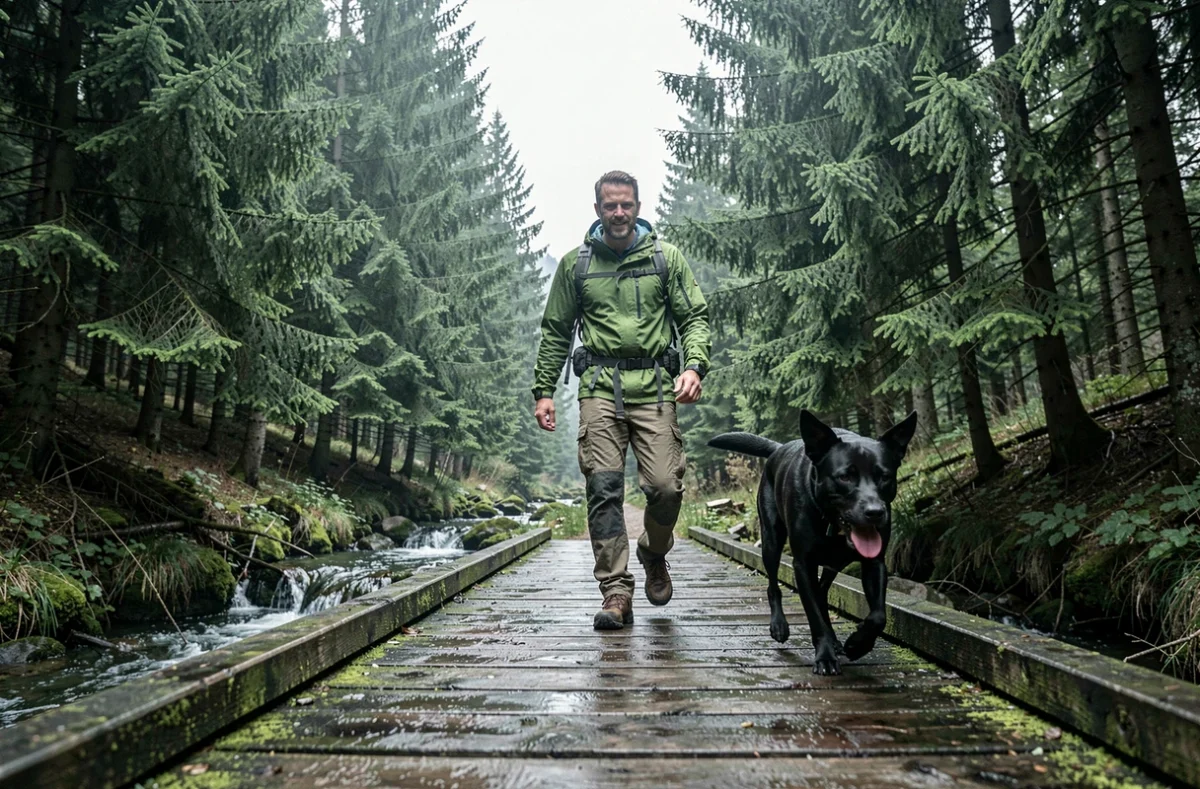 Randonneur traversant un pont en bois avec son labrador dans la forêt vosgienne en Alsace