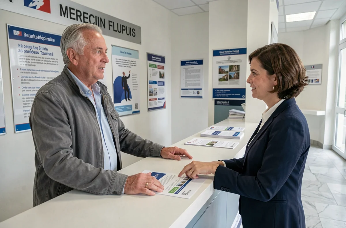 Homme demandant un renseignement notarial gratuit à l'accueil d'une mairie auprès d'un agent municipal