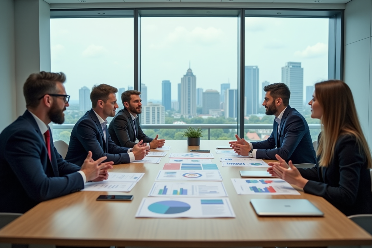 Groupe de professionnels discutant autour de graphiques financiers