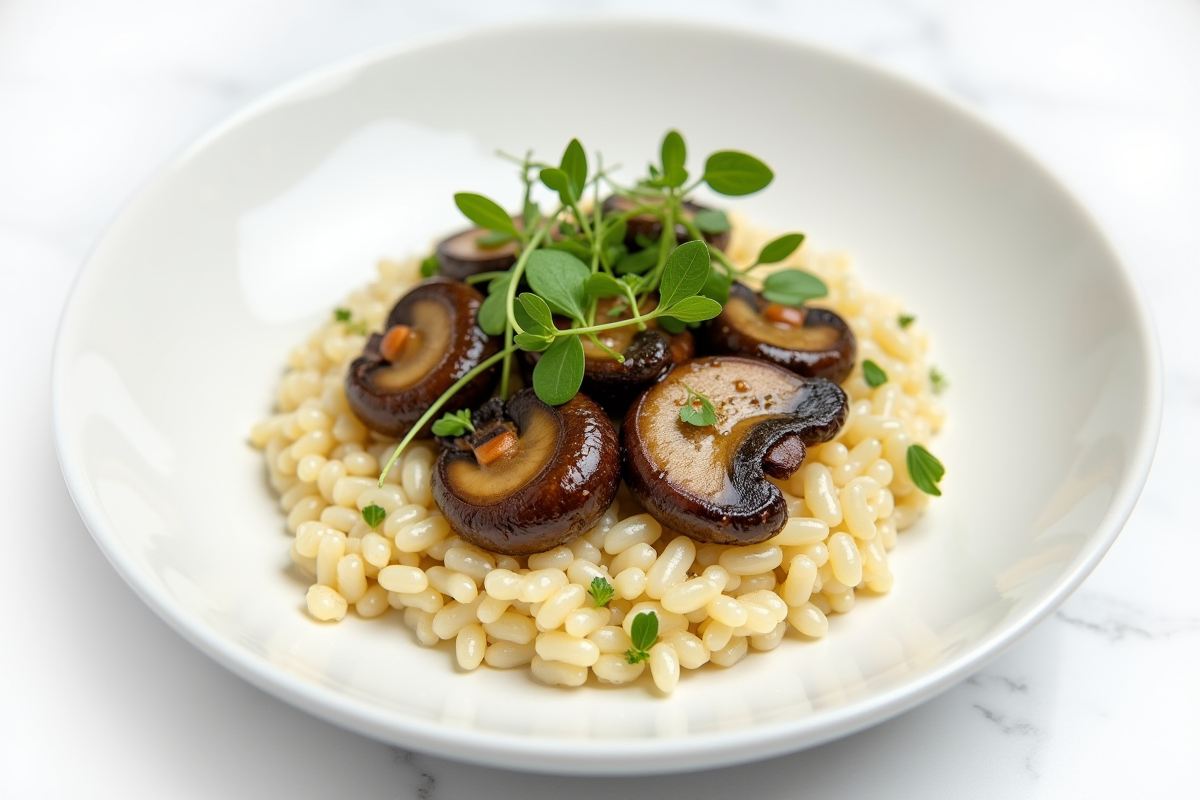 Plat de risotto aux champignons gris et microgreens