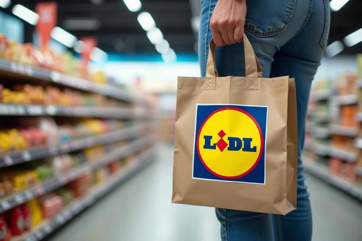 Personne tenant un sac Lidl dans un supermarche lumineux