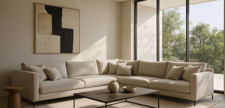 Photo d'un salon contemporain spacieux et minimaliste avec canapé modulable et art abstrait