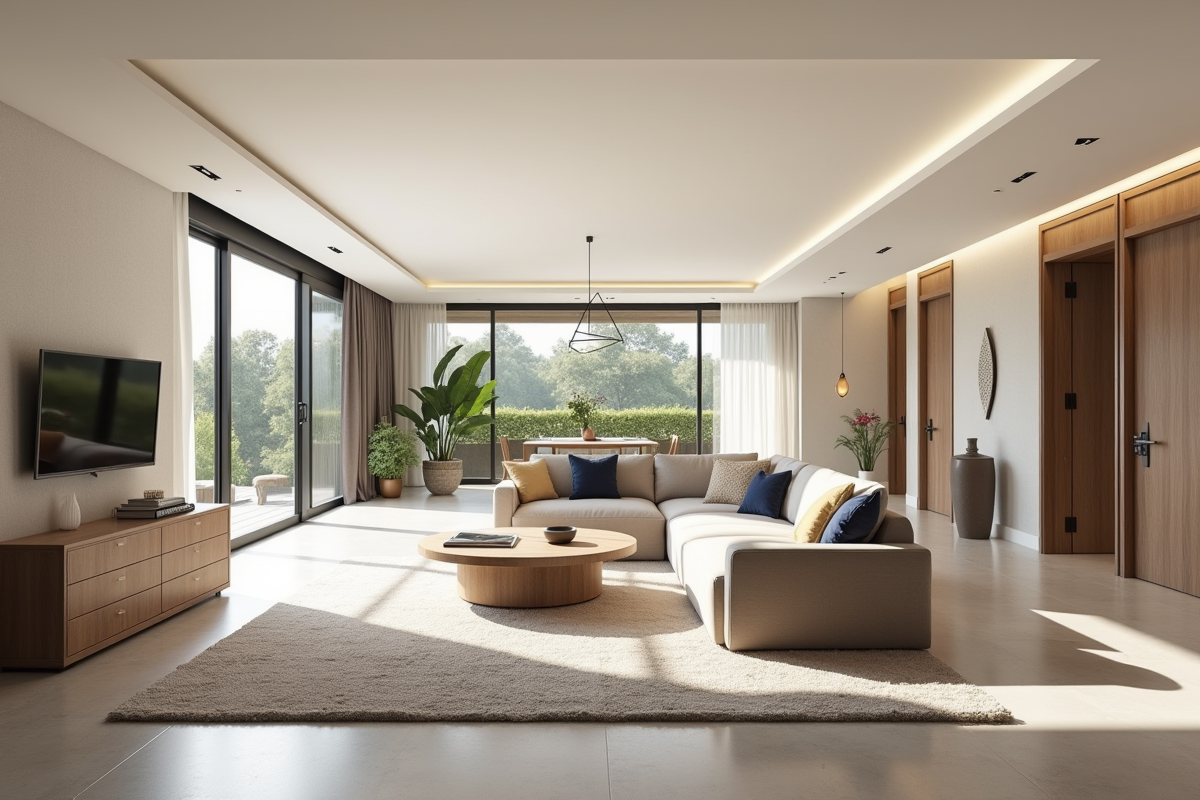 Espace de vie lumineux avec portes de chambres visibles