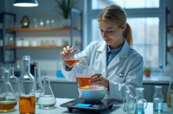 Scientifique en laboratoire versant un liquide dans un bol